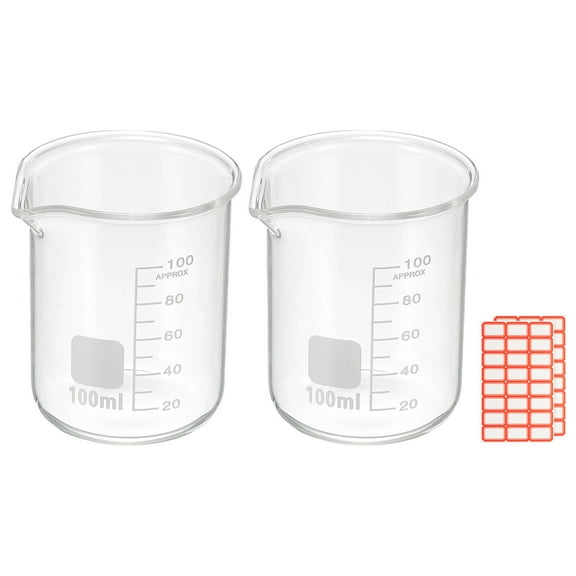 100ml Glass Beaker, 2 Pack Measuring Glass Beaker Graduated Borosilicate Lab Cups Mug Low Form  Heat Safe Transparent with Spout Label for Laboratory Science Kitchen Liquids