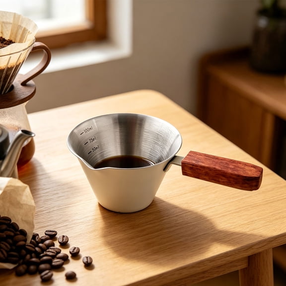 100ml Graduated Stainless Steel Espresso Measuring Cup, Espresso Shot Cups, Mini Measuring Shot Pitcher with Wooden Handle and Pour Spout, Precision Coffee Brewing Tool 1Pcs