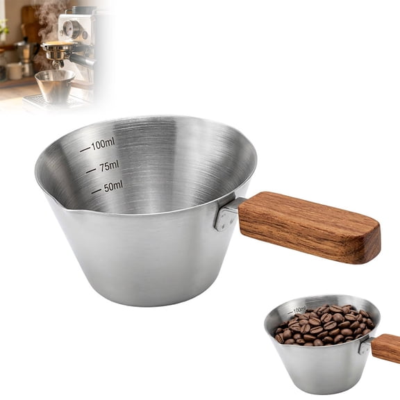 100ml Stainless Steel Espresso Shot Measuring Cup with Wooden Handle Silver for Coffee Brewing