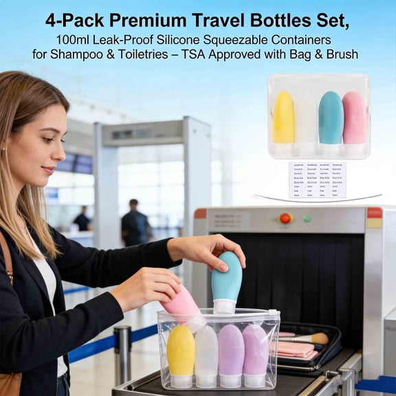 Milemduomar 4-Pack Premium Travel Bottles Set, 100ml Leak-Proof Silicone Squeezable Containers for Shampoo & Toiletries – TSA Approved with Bag & Brush