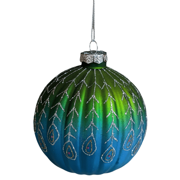 100mm PEACOCK HUES Glass Ball Christmas Ornament, by Silver Tree