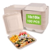 100pack Compostable Take Out Container 10X10, Disposable To Go Food Boxes With 3 Compartments, Biodegradable Clamshell Container