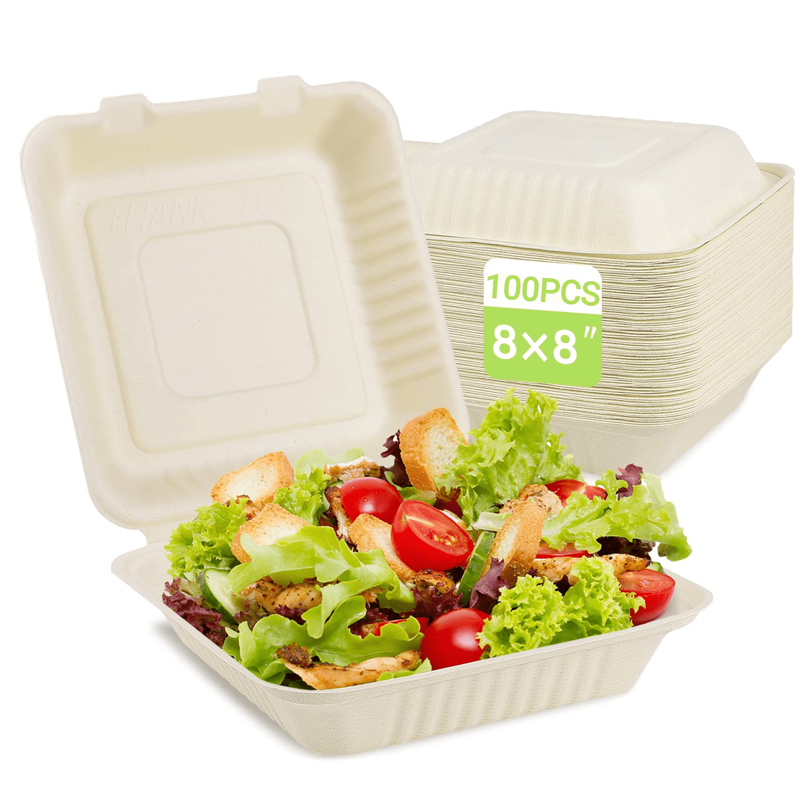 100pack Compostable Take Out Container 8x8, Disposable To Go Food Boxes ...