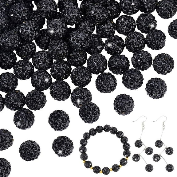 100pc 100pcs 10mm Black Rhinestones Beads Pave Disco Ball Clay Beads Polymer Clay Rhinestone Beads Round Crystal Beads for Bracelet Necklace Earring Jewelry Making Christmas Decor
