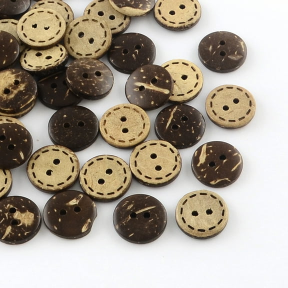 100pc 2-Hole Flat Round Coconut Buttons Coconut 15x3mm Brown Hole: 2mm