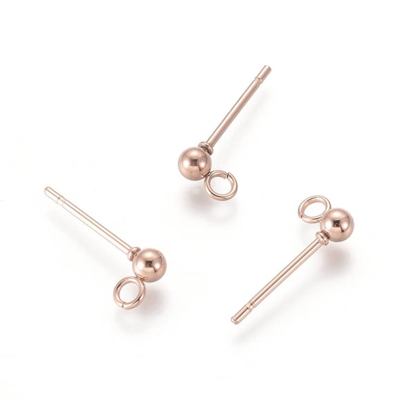 100pc 304 Stainless Steel Ball Stud Earring Post Earring Findings with Loop Round Rose Gold 14x3mm Hole: 2mm Pin: 0.8mm Round: 3mm Material 304 Stainless Steel