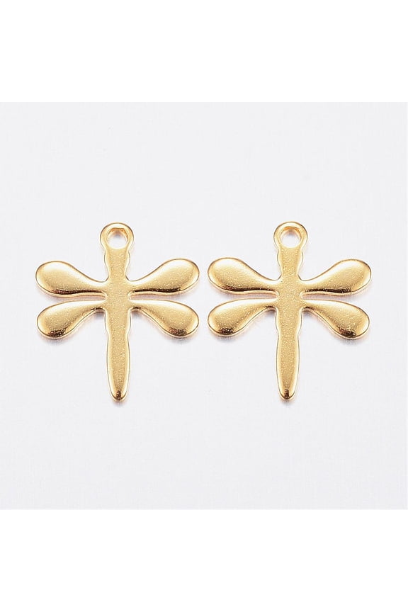 100pc 304 Stainless Steel Charms Dragonfly Real 18K Gold Plated 12x10.5x0.8mm Hole: 1mm