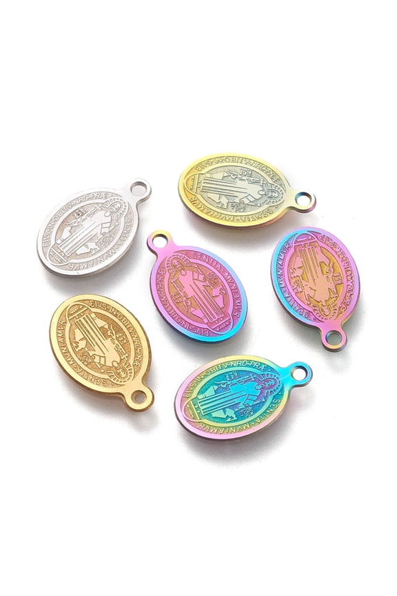 100pc 304 Stainless Steel Charms Laser Cut Oval Saint Benedict Medal Mixed Color 14.5x9x0.5mm Hole: 1.2mm