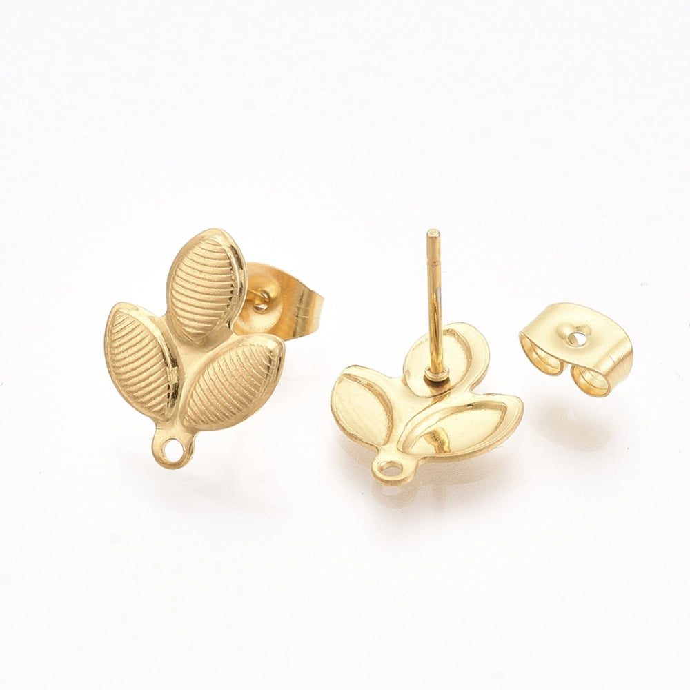 100pc 304 Stainless Steel Stud Earring Findings with Loop and Ear Nuts/Earring Backs Leaf Real Gold Plated 14x11mm Hole: 1mm Pin: 0.7mm