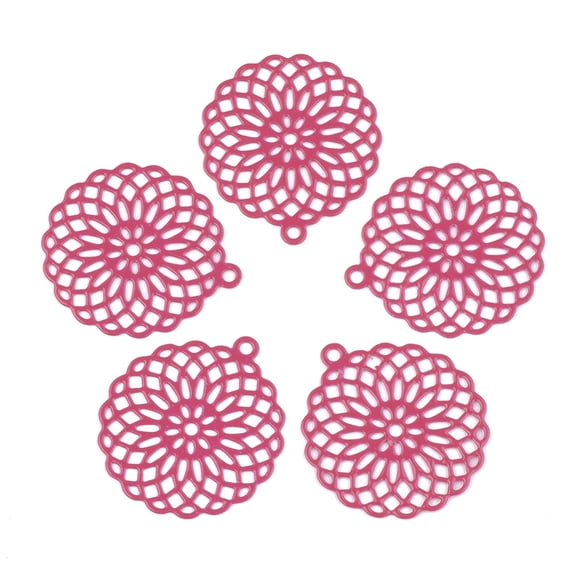 100pc 430 Stainless Steel Filigree Pendants Spray Painted Etched Metal Embellishments Flower Deep Pink 30x27x0.5mm Hole: 1.8mm
