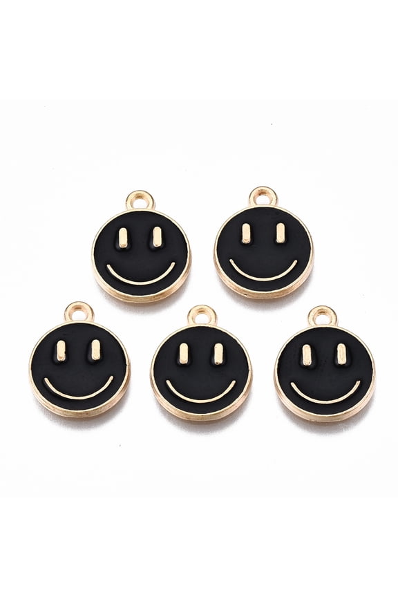 100pc Alloy Enamel Charms Cadmium Free & Lead Free Smiling Face Light Gold Black 14.5x12x1.5mm Hole: 1.5mm