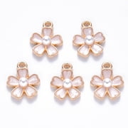 100pc Alloy Enamel Charms with Plastic Imitation Pearl Sakura Flower Light Gold Creamy White 14.5x11.5x4.5mm Hole 1.2mm