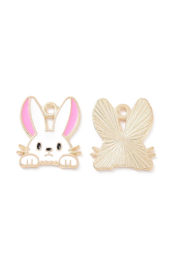 100pc Alloy Enamel Pendants Light Gold Rabbit Head Charm Pearl Pink 16x14x1mm Hole: 1.5mm