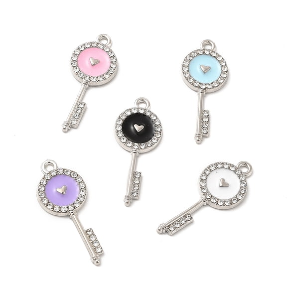 100pc Alloy Enamel Pendants with Crystal Rhinestone Keys with Heart Charms Platinum Mixed Color 31x12.5x2mm Hole: 1.8mm
