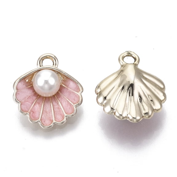 100pc Alloy Pendants with ABS Plastic Imitation Pearl & Enamel Shell with Pearl Light Gold Pink 16x15x7mm Hole: 1.5mm