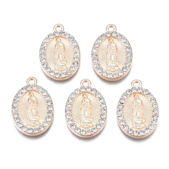100pc Alloy Pendants with Rhinestone Light Gold Cadmium Free & Lead Free Oval with Virgin Mary Crystal 22x14.5x2mm Hole: 1.6mm