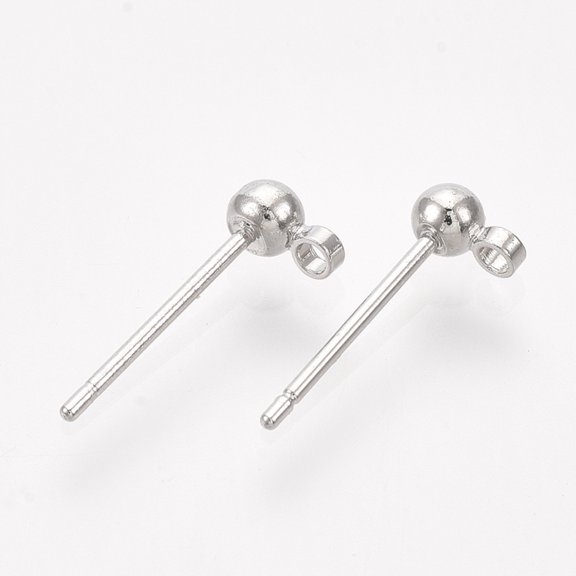 100pc Brass Ball Stud Earring Findings with Loop and Steel Pins Real Platinum Plated 14x3mm Hole: 1mm Pin: 0.8mm