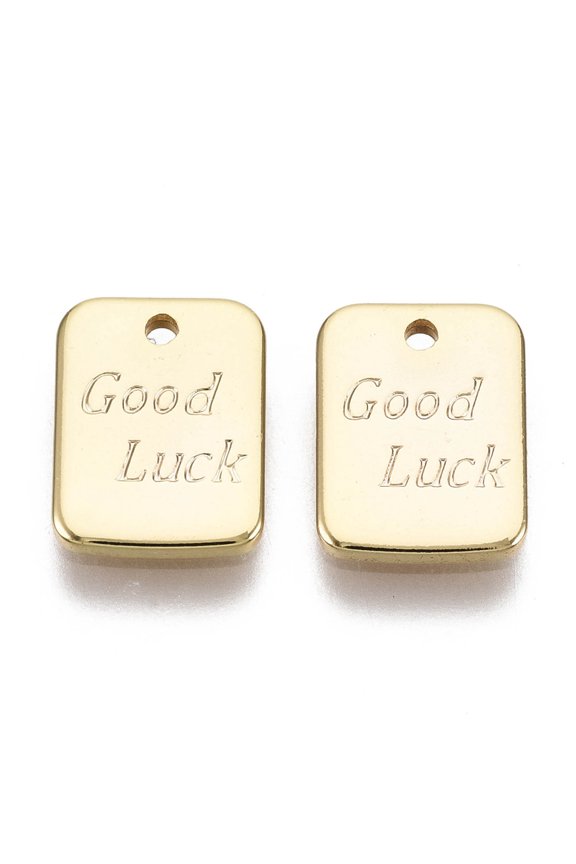 100pc Brass Charms Nickel Free Rectangle with Word Good Luck Real 18K Gold Plated 9x7x1mm Hole: 1mm