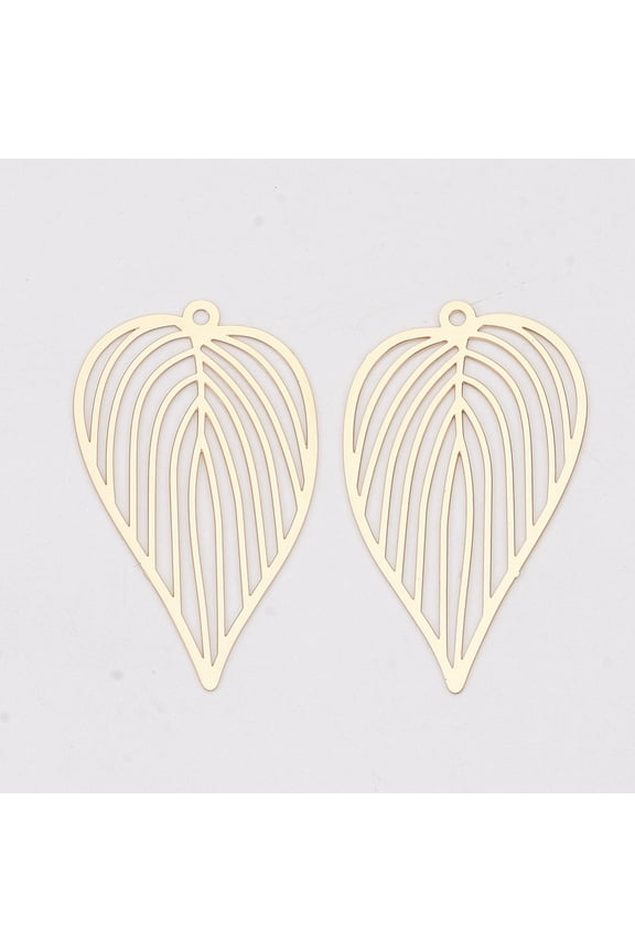 100pc Brass Pendants Etched Metal Embellishments Long-Lasting Plated Leaf Light Gold 42x25x0.3mm Hole: 1.6mm