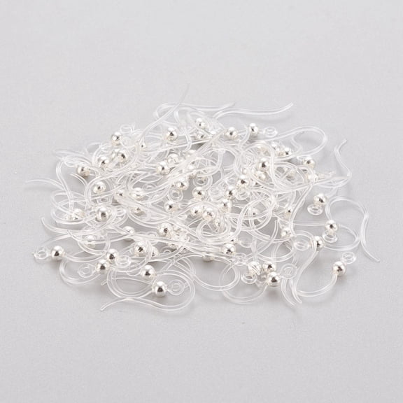 100pc Eco-Friendly Plastic Earring Hooks with 304 Stainless Steel Beads and Horizontal Loop Round Silver 15.5x8x0.7mm Hole: 1.2mm