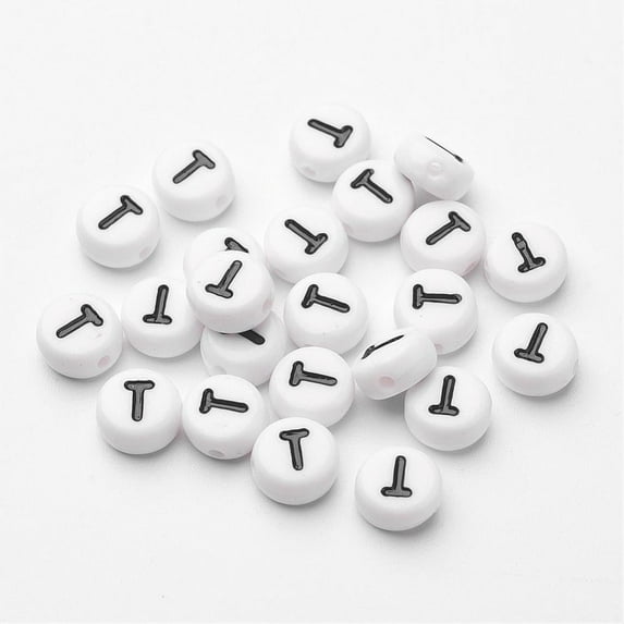 100pc Flat Round with Letter T Acrylic Beads with Horizontal Hole White & Black Size: 7mm in diameter 4mm thick hole: 1mm