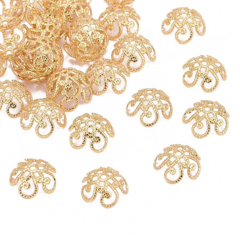 100pc Flower Brass Fancy Bead Caps Lead Free \u0026 Nickel Free \u0026 Cadmium Free Real 18K Gold Plated 4x10mm Hole: 1mm