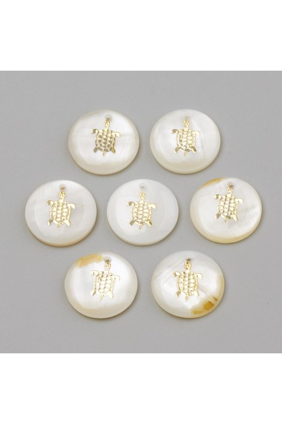 100pc Freshwater Shell Pendants Flat Round & Tortoise Golden 16x3.5~4mm Hole: 1.2mm