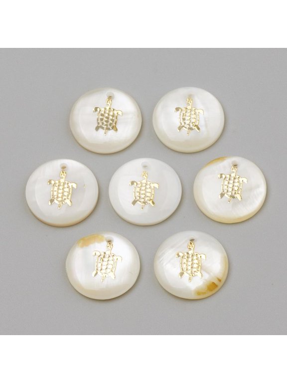100pc Freshwater Shell Pendants Flat Round & Tortoise Golden 16x3.5~4mm Hole: 1.2mm
