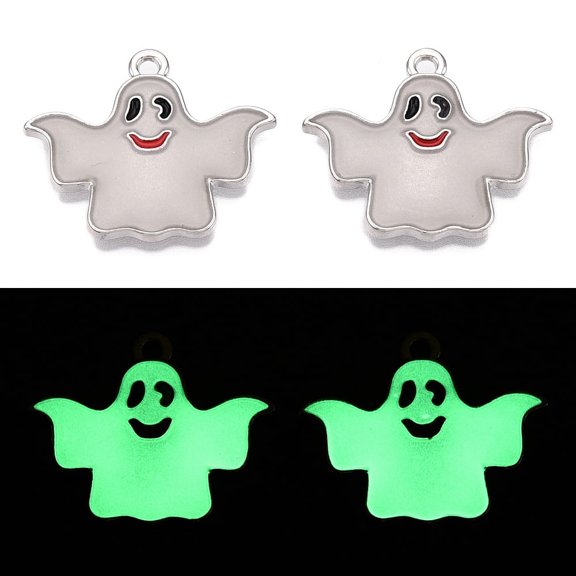 100pc Halloween Theme Rack Plating Luminous Alloy Enamel Pendants Glow in the Dark Ghost Charm Platinum 19.5x23.5x2mm Hole: 1.6mm
