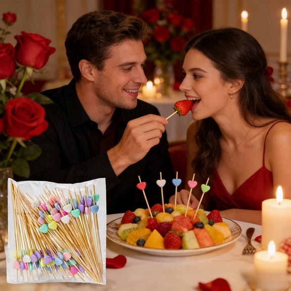 100pc Heart Shaped Bamboo Fruit Picks | Valentine's Day Party Decorations | Disposable Wooden Sticks for Fruit, Cupcakes & Desserts | 4.72 Inch Multicolor