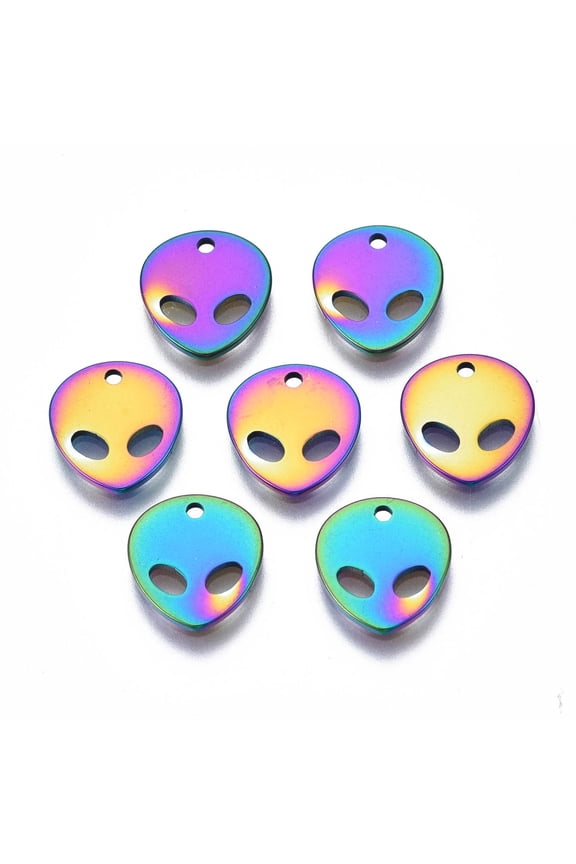 100pc Ion Plating(IP) 201 Stainless Steel Charms Cadmium Free & Nickel Free & Lead Free Alien Rainbow Color 10x9x1mm Hole: 1mm