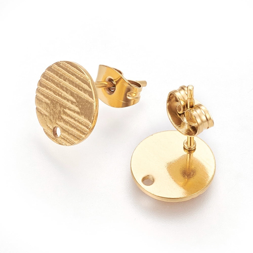 100pc Ion Plating(IP) 304 Stainless Steel Ear Stud Findings with Ear Nuts/Earring Backs and Hole Textured Flat Round with Grain Golden 10mm Hole: 1.2mm Pin: 0.8mm