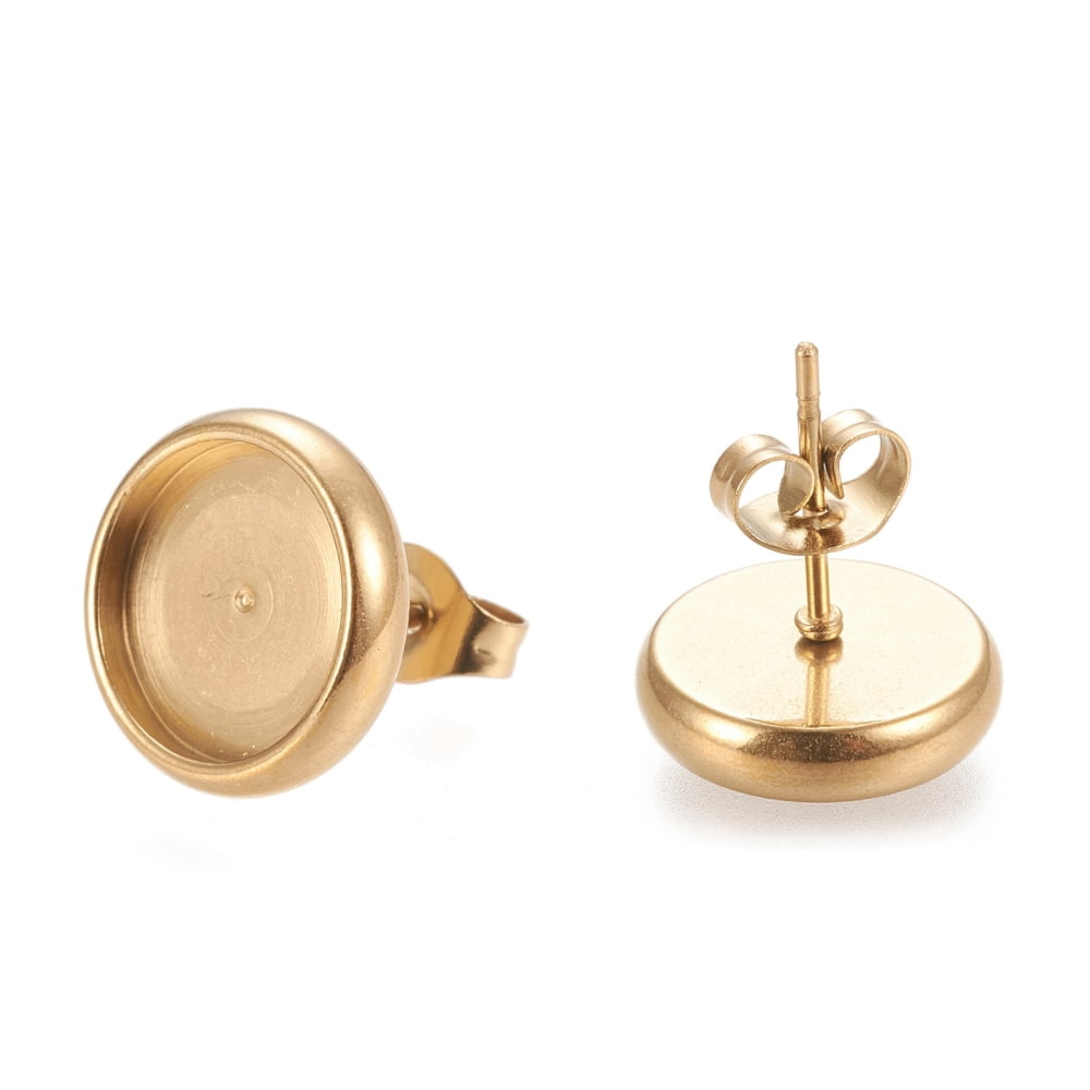 100pc Ion Plating(IP) 304 Stainless Steel Stud Earring Settings with Ear Nuts Flat Round Golden 12.5mm Pin: 0.8mm Tray: 10mm