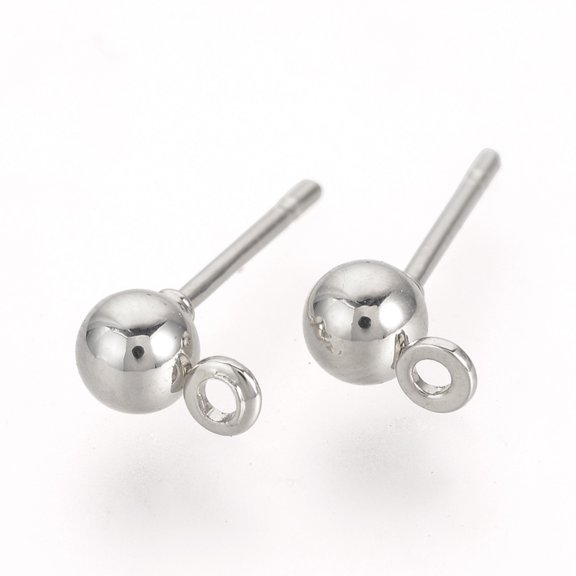 100pc Iron Ball Stud Earring Findings, with Loop, Nickel Free, Platinum, 15x4mm, Hole: 1mm, Pin: 0.8mm