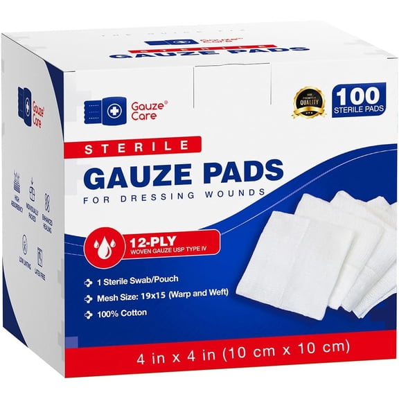 100pc Large Sterile Gauze Pads 4x4 for Wounds Bulk - 12ply Woven Sponges USP IV Breathable Mesh Enhanced Absorption First Aid Medical