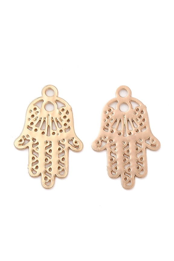100pc Long-Lasting Plated Brass Filigree Charms Hamsa Hand Charms Cadmium Free & Nickel Free & Lead Free Light Gold 14x9x0.3mm Hole: 1mm