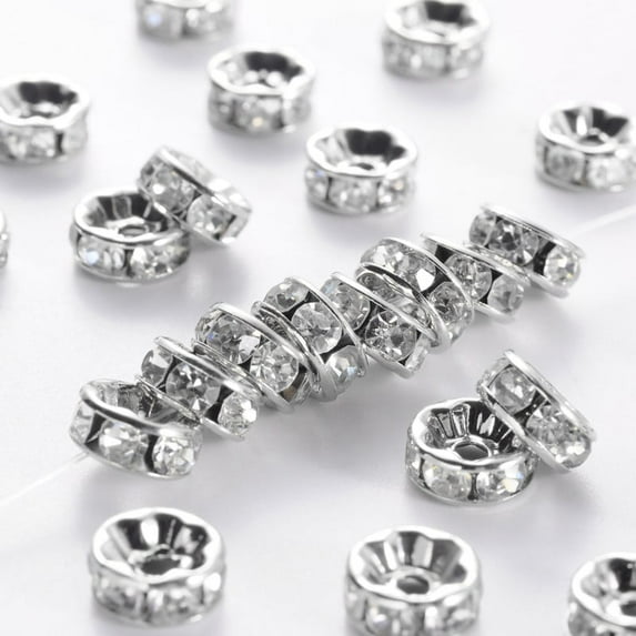 100pc Middle East Rhinestone Spacer Beads Clear Brass Platinum Metal Color Nickel Free Size: about 8mm in diameter 3.8mm thick hole: 1.5mm