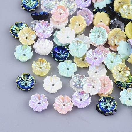 100pc Opaque Resin Beads AB Color Plated 5-Petal Flower Mixed Color 8x8x2.5mm Hole: 1mm