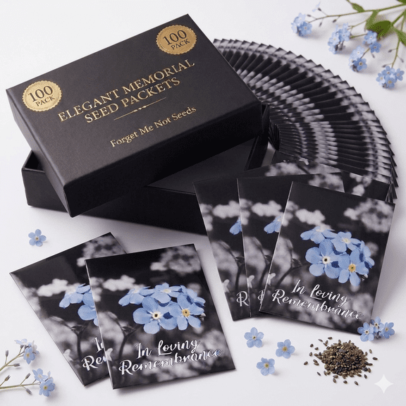Choobly Forget Me Not Seed Packet Favors, 100 Count, Funeral & Celebration of Life Memorial Favors, Prefilled