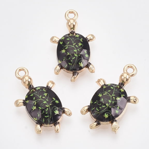 100pc Printed Alloy Pendants with Enamel Tortoise Light Gold Black 23.5x14x4.5mm Hole: 1.6mm