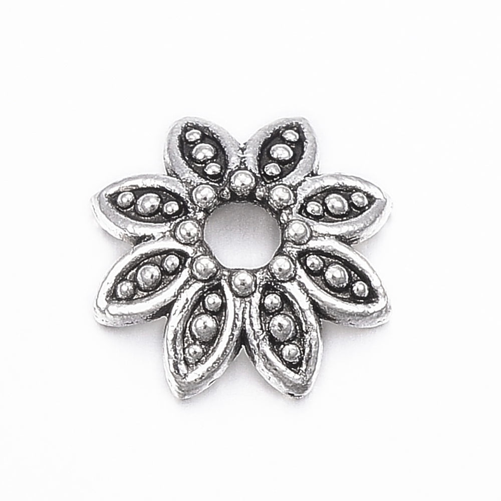 100pc Tibetan Style Alloy Bead Caps Flower Multi-Petal Lead Free \u0026 Cadmium Free Antique Silver 10x2.5mm Hole: 2mm