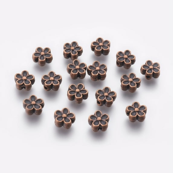 100pc Tibetan Style Beads Zinc Alloy Lead Free Cadmium Free Flower Great for Mother's Day Gifts making Red Copper Color 7mm in diameter 3.5mm thick hole: 1mm