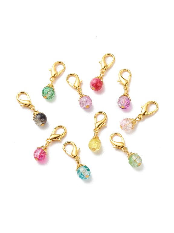 100pc Two Tone Crackle Glass Pendant Decorations Lobster Clasp Charms Clip-on Charms for Keychain Purse Backpack Ornament Stitch Marker Round Mixed Color 30mm
