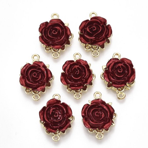 100pc Valentine's Day Rack Plating Alloy Links Connectors with ABS Plastic Cadmium Free & Lead Free Rose Flower Red Light Gold 22.5x16x8mm Hole: 1.6mm DIY