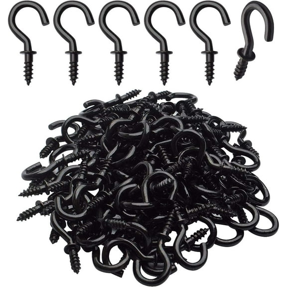 100pcs 1/2inch Black Screw Cup Hooks Screw-in Ceiling Hooks Cup Hanging Hooks Light Hooks for Home and Office Use