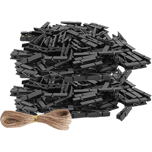 100pcs 1.3inch Wooden Mini Clothespins Chip Clips Small Clothes Pins with 33 Feet Jute Twine for Photos, Bag Clips, Crafts Arts Crafts Deco (Black)