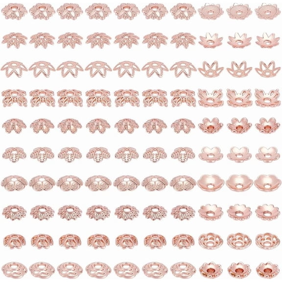100pcs 10 Styles Bead Caps Flower Bead Caps 6/7/8mm Spacer Beads Flower Bracelet Beads Flat Spacers Rose Gold Brass Bead
