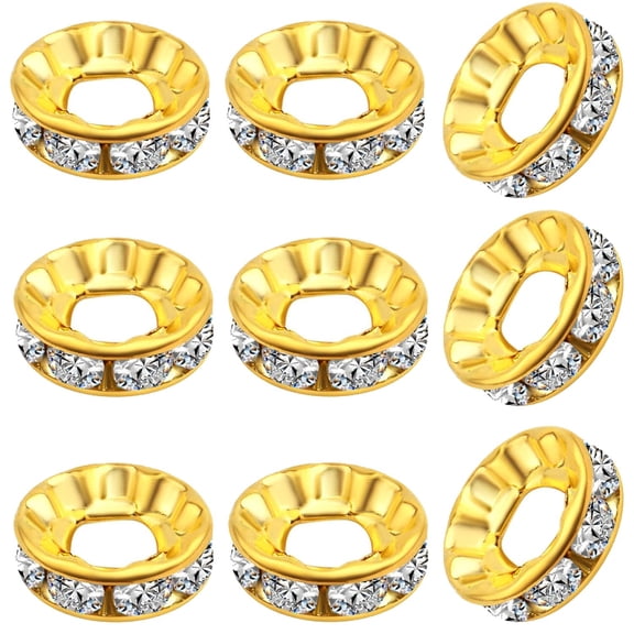 100pcs 10 mm Golden Plated Rhinestone Spacer Beads Large Hole European Rondelle Beads Round Shiny for DIY Bracelet Necklace Jewelry Making