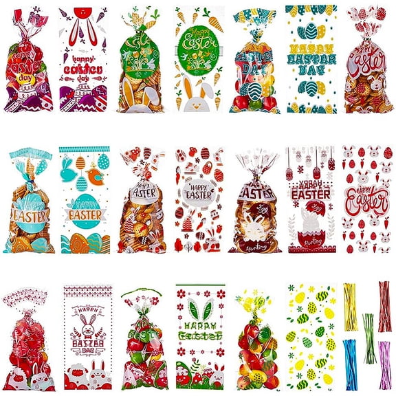 100pcs 10 styles OPP Plastic Storage Bags Easter Theme for Candy Cookies Gift Packaging Rectangle with Easter Theme Pattern