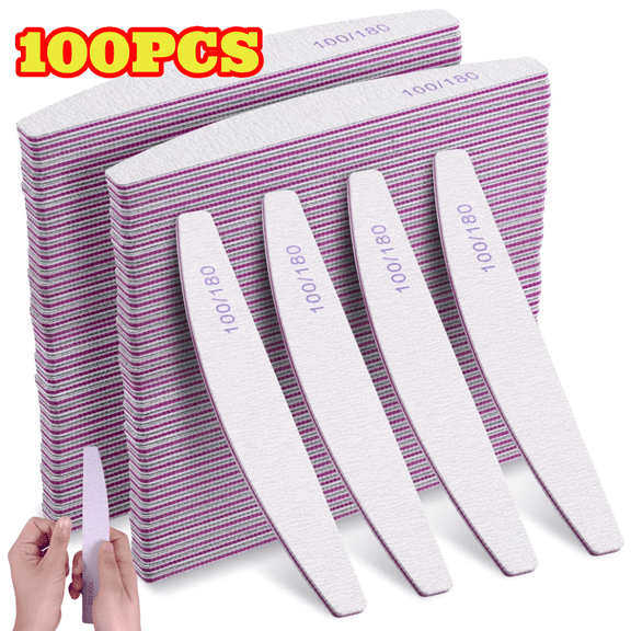100pcs 100/180 Grit Nail Files Bulk, Reusable Doubled Sided Emery Boards, Curved Manicure Tools for Natural and Acrylic Nails, Home and Salon Use